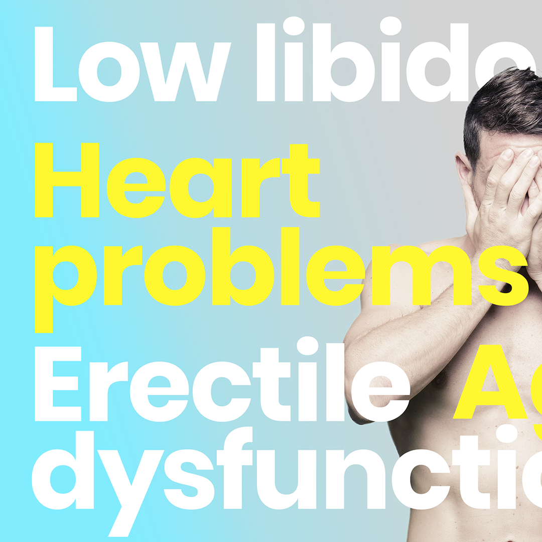 Man with head in hands with words 'Low libido, heart problems, erectile dysfunction' on screen