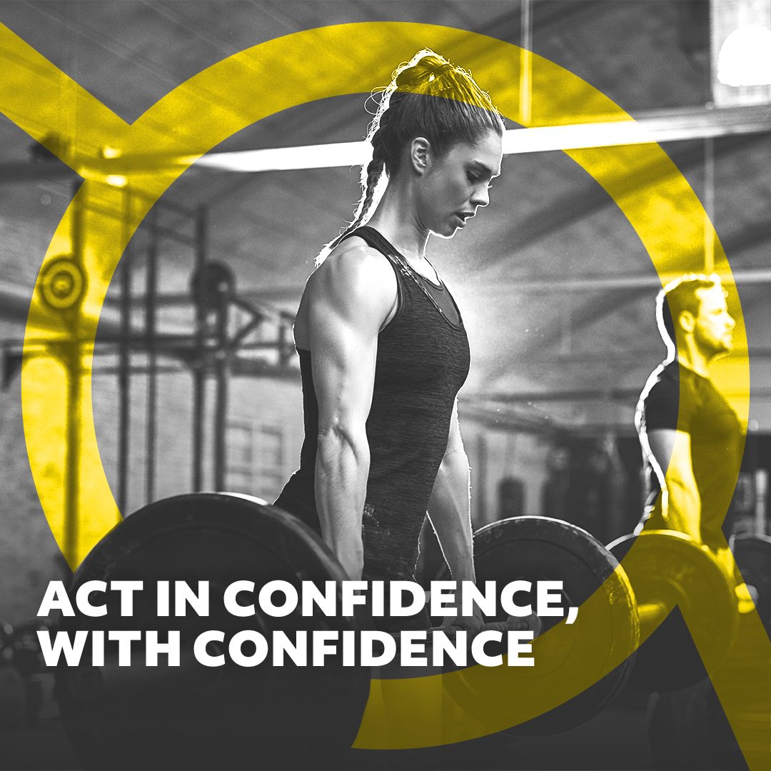 Weightlifter with words 'act in confidence, with confidence' on screen