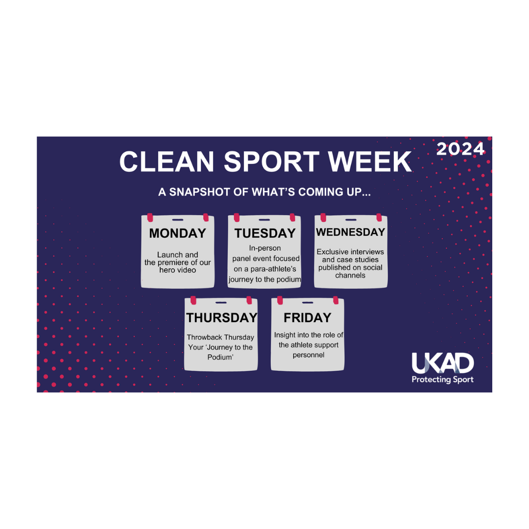 Graphic titled "Clean Sport Week 2024, A snapshot of what's coming up", listing the content of each day of the week: Monday: Launch and the premiere of our hero video. Tuesday: In-person panel event focused on a para-athlete's journey to the podium. Wednesday: Exclusive interviews and case studies published on social. Thursday: Throwback Thursday, your Journey to the Podium. Friday: Insight into the role of the athlete support personnel
