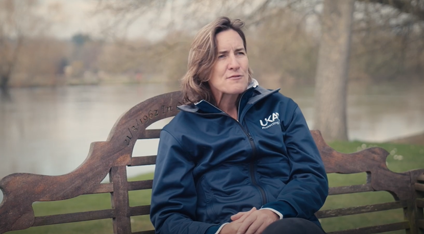 Katherine Grainger sat on a bench