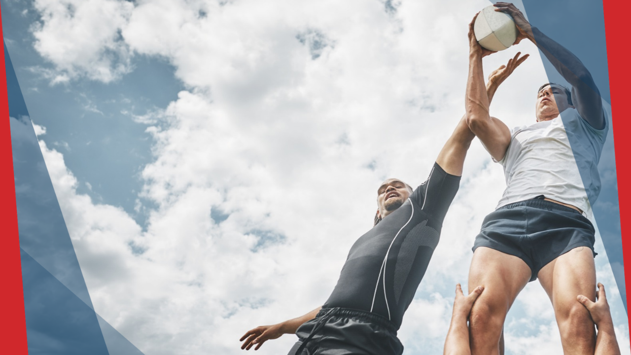 Two rugby players contesting a lineout
