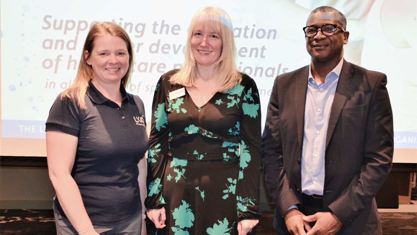 A photo of - left to right - Claire Lane, UKAD Clean Sport Education Officer, Lynda Phillips, Chief Executive of BASEM, and Tony Josiah, UKAD's Director of Education, Insight and Global Engagement 