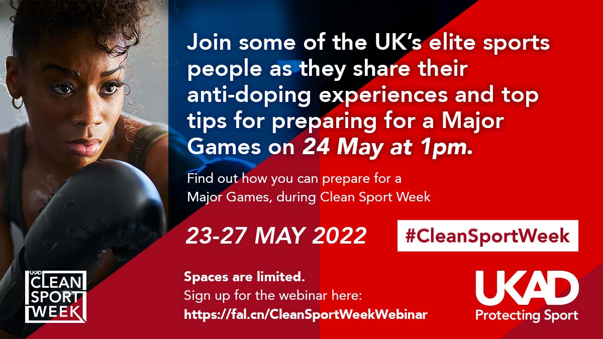 Clean Sport Week webinar advertisement with picture of athlete and invitation to join interactive panel session on Tuesday 24 May at 1pm. The content below includes link to eventbrite sign up.