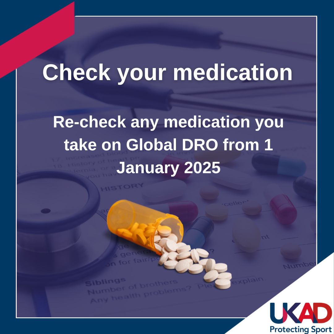 Graphic reads "Re-check any medication you take on Global DRO from 1 January 2025" with a picture of a pill bottle.