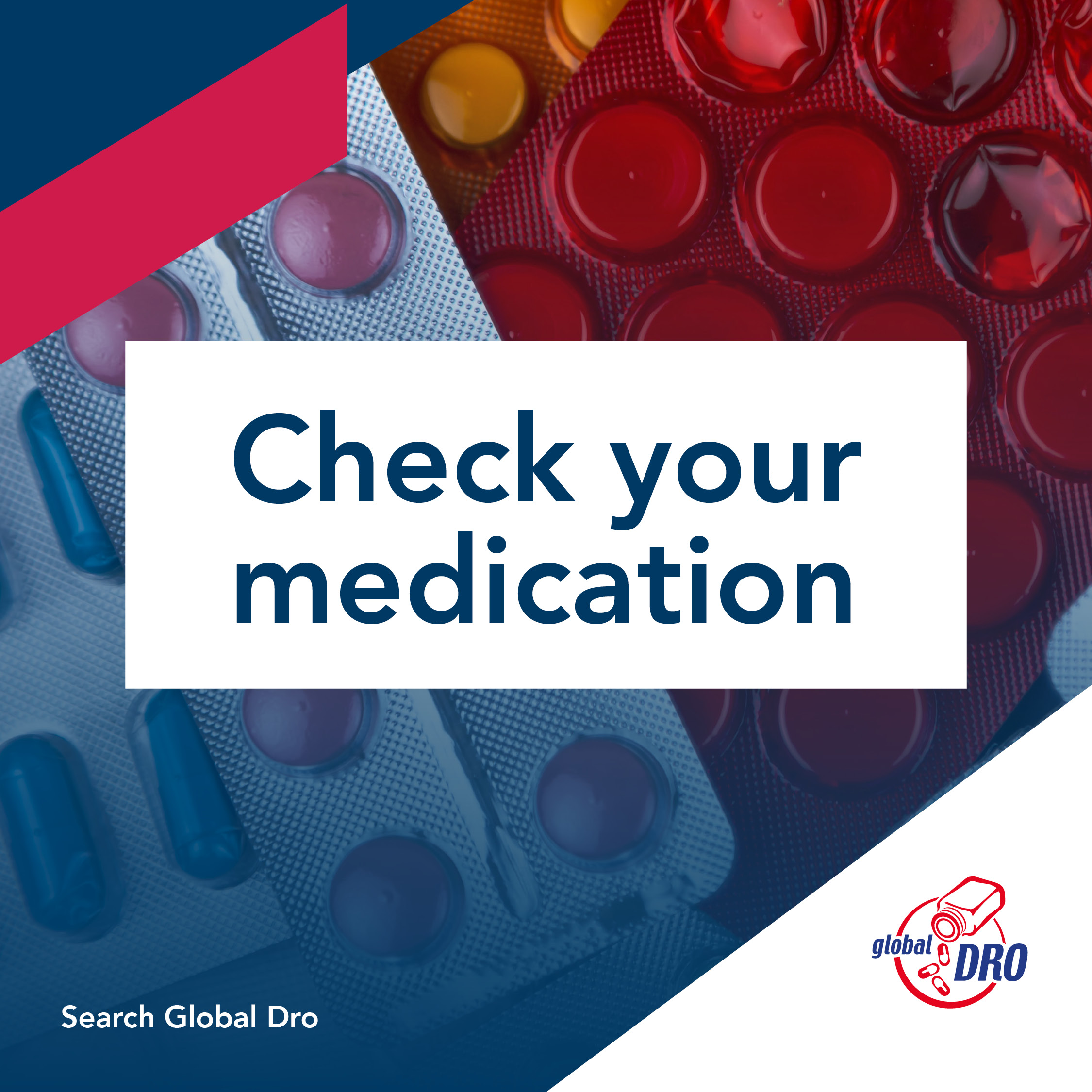 Graphic reads "checking your medication" with pill packed in the background