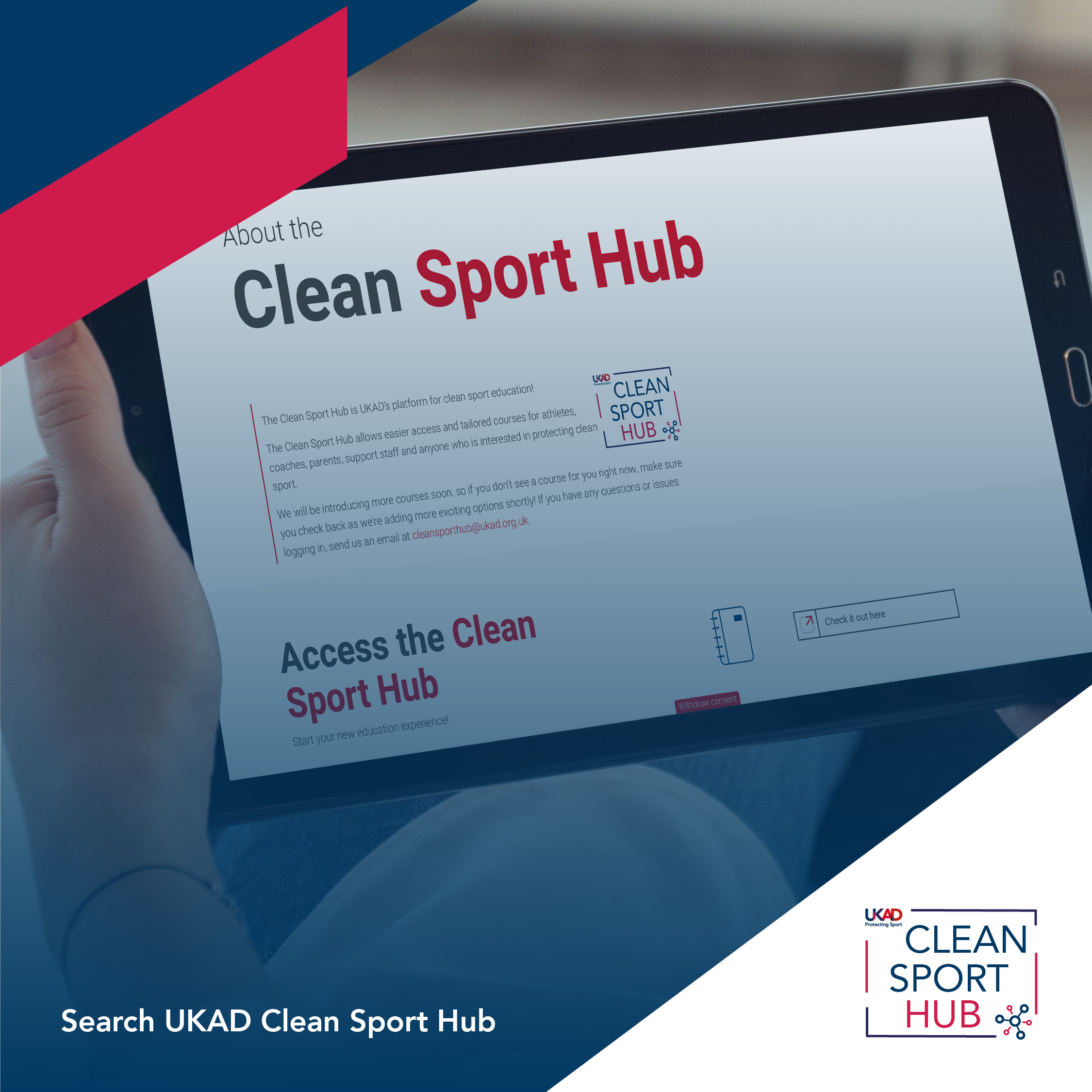 Graphic reads "search UKAD Clean Sport Hub" with image of someone on the Clean Sport Hub on their iPad.