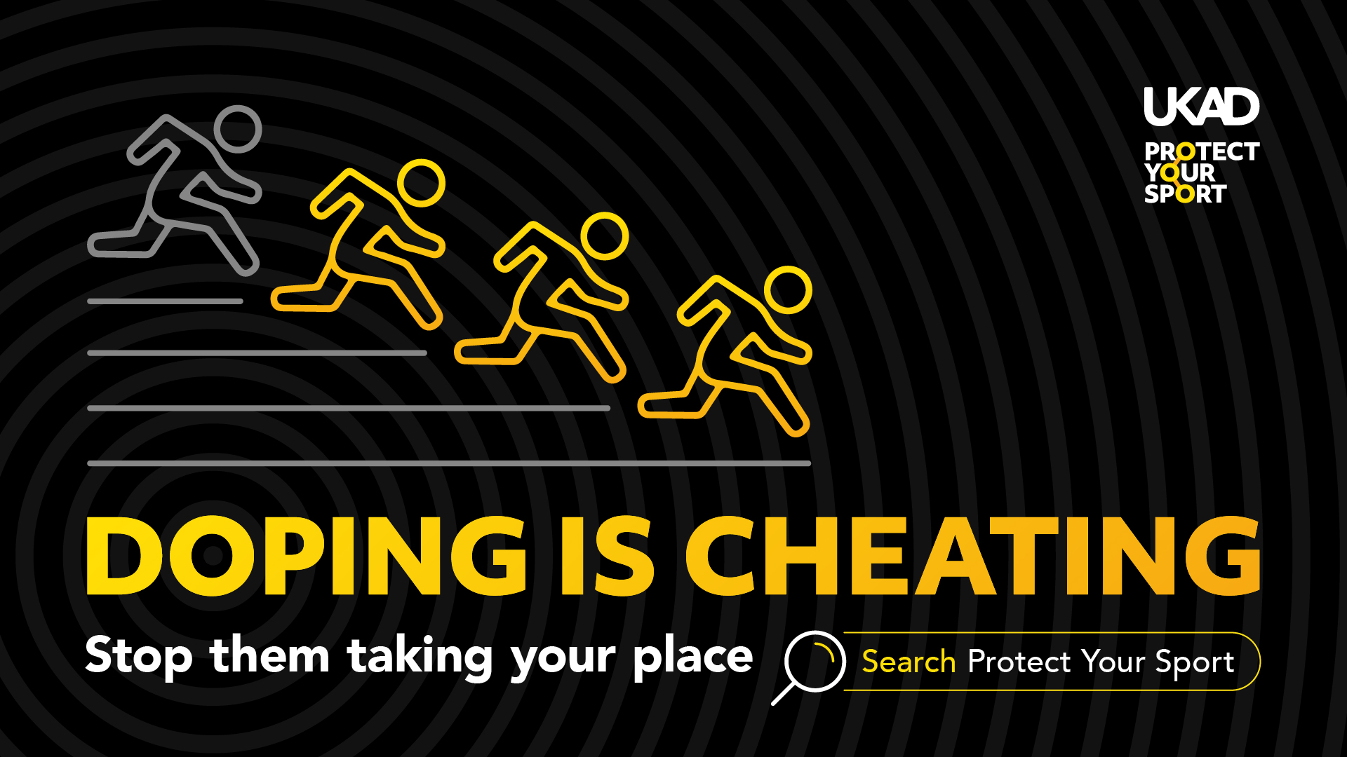  Icons display three yellow athletes standing on a podium next to a greyed out athlete in fourth place. The words doping is cheating, stop them taking your place also appear in block capitals. 