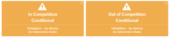 Global DRO search result showing inhaled long-acting-beta-2-agonist medication has a conditional status (orange)