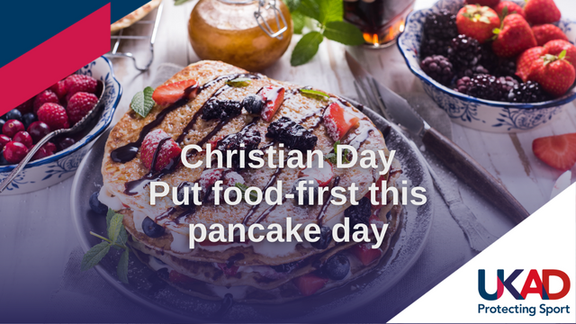 An image of pancakes topped with fruit links to a video of Christian Day discussing a food-first approach to nutrition and his easy recipe to make perfect pancakes. An image of UKAD Athlete Commission Member Christian Day