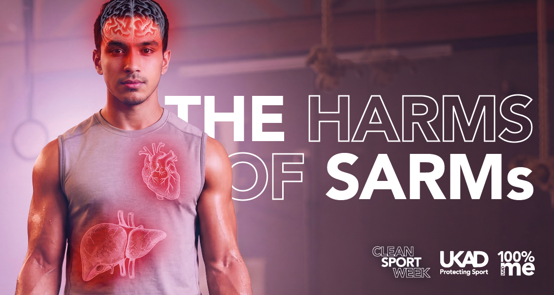 A health risks poster showing a young male in the gym with the brain, heart and liver highlighted as potential health risks of using SARMs